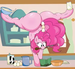 Size: 2725x2500 | Tagged: suggestive, artist:isaac_pony, derpibooru import, pinkie pie, pony, alcohol, ass, ass up, baking, balancing, book, butt, countertop, egg, female, g4, huge butt, image, kitchen, large butt, mare, milk, png, prehensile mane, solo, sugarcube corner, whiskey, window