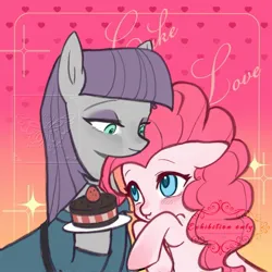 Size: 1819x1819 | Tagged: safe, artist:ganningganning, derpibooru import, maud pie, pinkie pie, earth pony, pony, blushing, cake, female, food, gradient background, image, jpeg, mare, plate, siblings, sisters, smiling, text