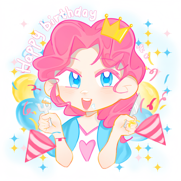 Size: 4320x4320 | Tagged: safe, artist:嘎米, derpibooru import, pinkie pie, human, abstract background, balloon, bust, confetti, crown, fork, happy birthday, heart, humanized, image, jewelry, knife, open mouth, pinkie pie's birthday, png, portrait, regalia, smiling, text