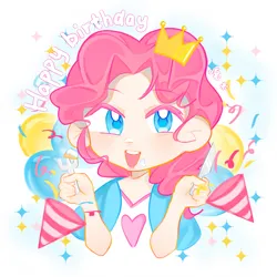 Size: 4320x4320 | Tagged: safe, artist:嘎米, derpibooru import, pinkie pie, human, abstract background, balloon, bust, confetti, crown, fork, happy birthday, heart, humanized, image, jewelry, knife, open mouth, pinkie pie's birthday, png, portrait, regalia, smiling, text