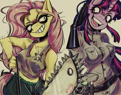 Size: 2800x2200 | Tagged: safe, artist:zxmxrxd, derpibooru import, fluttershy, twilight sparkle, anthro, pegasus, pony, unicorn, .mov, beige background, breasts, busty fluttershy, busty twilight sparkle, chainsaw, clothes, duo, duo female, female, fluttershed, grin, high res, horn, image, lab coat, mare, png, simple background, smiling, vial