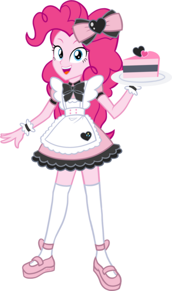 Size: 750x1267 | Tagged: safe, artist:julie-z, derpibooru import, pinkie pie, equestria girls, apron, bow, bowtie, cake, clothes, cute, diapinkes, female, food, g4, image, open mouth, png, shoes, simple background, skirt, socks, solo, stockings, thigh highs, transparent background, waitress