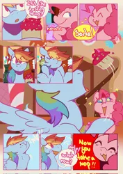 Size: 1448x2048 | Tagged: safe, artist:piesinful, derpibooru import, pinkie pie, rainbow dash, pegasus, pony, comic:unlucky day, fanfic:cupcakes, :3, :o, blushing, candy, candy cane, comic, cupcake, dialogue, duo, duo female, eating, eyebrows, eyebrows visible through hair, eyes closed, female, floating heart, folded wings, food, g4, gulp, heart, image, indoors, jpeg, mare, motion lines, no catchlights, open mouth, open smile, raised eyebrow, shrug, smiling, sparkles, sparkly eyes, speech bubble, spread wings, sugarcube corner, talking, text, wingding eyes, wings