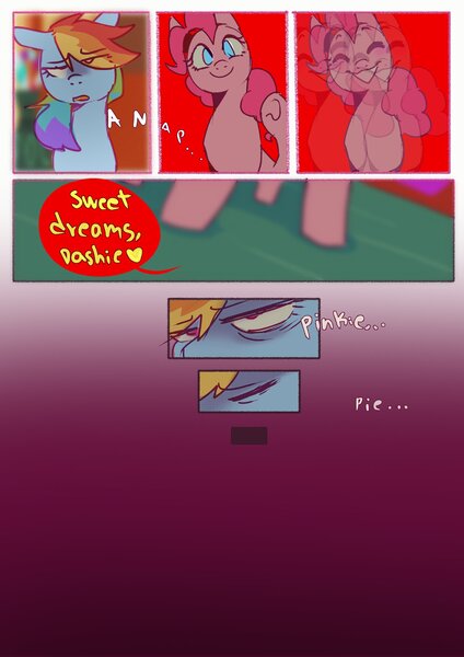 Size: 1448x2048 | Tagged: safe, artist:piesinful, derpibooru import, pinkie pie, rainbow dash, earth pony, pegasus, pony, comic:unlucky day, fanfic:cupcakes, closing eyes, comic, dialogue, drugged, duo, duo female, eye clipping through hair, eyebrows, eyebrows visible through hair, eyes closed, female, g4, image, indoors, jpeg, lidded eyes, looking at you, mare, narrowed eyes, no catchlights, offscreen character, open mouth, open smile, passing out, pov, smiling, smiling at you, speech bubble, sugarcube corner, this will end in pain and/or death, unconscious, wide smile