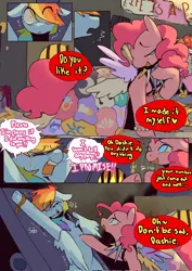 Size: 1448x2048 | Tagged: semi-grimdark, artist:piesinful, derpibooru import, pinkie pie, rainbow dash, earth pony, pegasus, pony, comic:unlucky day, fanfic:cupcakes, body parts, clapping, clothes, comic, crying, cutie mark dress, dialogue, dress, duo, emanata, eye clipping through hair, eyebrows, eyebrows visible through hair, fangs, female, furnace, g4, horn, horn necklace, image, jewelry, jpeg, lidded eyes, mare, motion lines, multiple wings, necklace, no catchlights, open mouth, open smile, restrained, shaking, shrunken pupils, smiling, sobbing, speech bubble, spread eagle, talking, text, wide eyes, wing shelter, wings