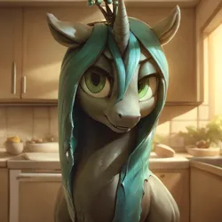 Size: 2048x2048 | Tagged: safe, ai content, derpibooru import, machine learning generated, prompter:jasedward, queen chrysalis, changeling, changeling queen, pony, female, happy, image, kitchen, looking at you, png, smiling, smiling at you, solo