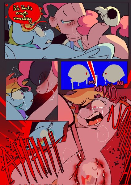 Size: 1448x2048 | Tagged: grimdark, artist:piesinful, derpibooru import, pinkie pie, rainbow dash, earth pony, pegasus, pony, comic:unlucky day, fanfic:cupcakes, blood, blushing, body parts, comic, crying, cutie mark removal, dialogue, duo, eye clipping through hair, eyebrows, eyebrows visible through hair, female, g4, horn, horn necklace, image, jewelry, jpeg, mare, necklace, restrained, scalpel, scared, skull, speech bubble, spread eagle, torture