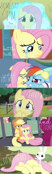 Size: 736x2453 | Tagged: safe, derpibooru import, edit, edited screencap, screencap, angel bunny, applejack, fluttershy, rainbow dash, earth pony, pegasus, pony, rabbit, season 5, tanks for the memories, animal, crying, female, g4, image, jpeg, mare