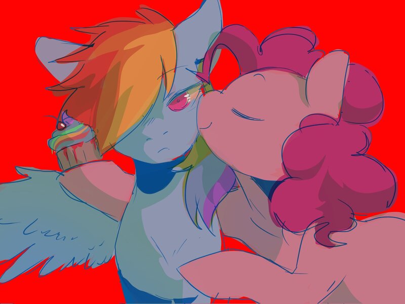 Size: 2048x1536 | Tagged: safe, artist:piesinful, derpibooru import, pinkie pie, rainbow dash, earth pony, pegasus, pony, fanfic:cupcakes, blood, cupcake, duo, female, food, g4, image, jpeg, kiss on the cheek, kissing, mare, rainbow cupcake, red background, simple background, spread wings, wings