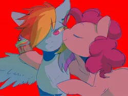 Size: 2048x1536 | Tagged: safe, artist:piesinful, derpibooru import, pinkie pie, rainbow dash, earth pony, pegasus, pony, fanfic:cupcakes, blood, cupcake, duo, female, food, g4, image, jpeg, kiss on the cheek, kissing, mare, rainbow cupcake, red background, simple background, spread wings, wings
