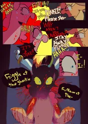 Size: 1448x2048 | Tagged: grimdark, artist:piesinful, derpibooru import, applejack, pinkie pie, rainbow dash, earth pony, pegasus, pony, comic:unlucky day, fanfic:cupcakes, blood, caught, comic, dialogue, female, g4, image, injured, jpeg, mare, nail, restrained, skinned, speech bubble, spread eagle, sweat, trio, wingless
