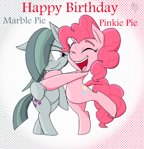 Size: 1830x1894 | Tagged: safe, artist:a.s.e, derpibooru import, marble pie, pinkie pie, earth pony, pony, semi-anthro, female, females only, g4, happy, happy birthday, hug, image, jpeg, siblings, sisters, together