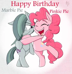Size: 1830x1894 | Tagged: safe, artist:a.s.e, derpibooru import, marble pie, pinkie pie, earth pony, pony, semi-anthro, female, females only, g4, happy, happy birthday, hug, image, jpeg, siblings, sisters, together