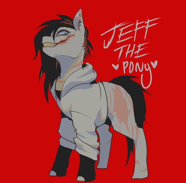 Size: 2048x2017 | Tagged: safe, artist:piesinful, derpibooru import, ponified, earth pony, pony, burn scar, burned, clothes, hoodie, image, jeff the killer, jpeg, male, meme, red background, scar, simple background, solo, stallion