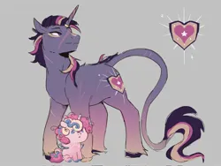 Size: 2048x1536 | Tagged: safe, artist:piesinful, derpibooru import, oc, unofficial characters only, alicorn, pony, unicorn, alicorn oc, duo, female, filly, foal, gray background, horn, horn ring, image, jewelry, jpeg, leonine tail, male, ring, scar, simple background, stallion, tail, unshorn fetlocks, wings