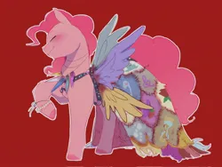 Size: 2048x1536 | Tagged: semi-grimdark, artist:piesinful, derpibooru import, pinkie pie, earth pony, pony, blushing, body parts, bracelet, clothes, cutie mark dress, dress, female, horn, horn necklace, image, implied murder, jewelry, jpeg, mare, multiple wings, necklace, red background, simple background, solo, teeth, wings