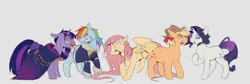 Size: 2048x690 | Tagged: safe, artist:piesinful, derpibooru import, applejack, fluttershy, rainbow dash, rarity, twilight sparkle, earth pony, pegasus, pony, unicorn, comic:unlucky day, fanfic:cupcakes, alternate hairstyle, applejack's hat, bow, cloak, clothes, cowboy hat, ear piercing, earring, female, flower, flower in hair, freckles, glasses, gray background, hair bow, hat, horn, image, jacket, jewelry, jpeg, lichtenberg scar, mare, piercing, scar, simple background, unicorn twilight, wingless