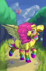 Size: 2650x4096 | Tagged: safe, artist:asheslulamoon, derpibooru import, oc, oc:plink, unofficial characters only, pegasus, pony, bow, cheek fluff, chest fluff, clothes, female, flying, hair bow, horizontal pupils, image, jpeg, mare, socks, solo focus, trio