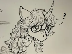 Size: 2048x1536 | Tagged: safe, artist:asheslulamoon, derpibooru import, oc, unofficial characters only, pony, unicorn, bust, cheek fluff, curved horn, female, glasses, grayscale, horn, image, jpeg, mare, monochrome, question mark, solo, traditional art