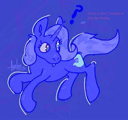 Size: 1598x1500 | Tagged: safe, artist:asheslulamoon, derpibooru import, trixie, pony, unicorn, abstract background, female, g4, horn, image, jpeg, mare, offscreen character, question mark, solo, text