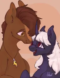 Size: 1582x2048 | Tagged: safe, artist:asheslulamoon, derpibooru import, oc, unofficial characters only, earth pony, pony, unicorn, cheek fluff, chest fluff, curved horn, duo, ear fluff, glasses, horn, image, jewelry, jpeg, male, necklace, stallion