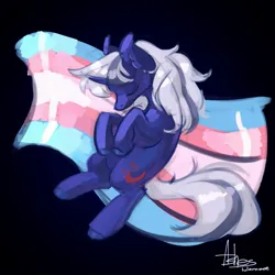 Size: 2000x2000 | Tagged: safe, artist:asheslulamoon, derpibooru import, oc, unofficial characters only, pony, unicorn, black background, curved horn, female, horn, image, jpeg, lying down, mare, pride, pride flag, simple background, sleeping, solo, transgender pride flag