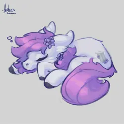 Size: 2048x2048 | Tagged: safe, artist:asheslulamoon, derpibooru import, oc, unofficial characters only, earth pony, pony, commission, curled up, female, flower, flower in hair, gray background, image, jpeg, lying down, mare, prone, simple background, sleeping, ych result