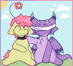 Size: 638x582 | Tagged: safe, artist:b4rkzal0t, derpibooru import, oc, unofficial characters only, dragon, earth pony, pony, blindfold, choker, duo, flower, horns, image, png, teary eyes