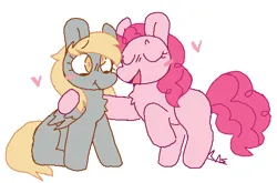Size: 575x380 | Tagged: safe, artist:b4rkzal0t, derpibooru import, derpy hooves, pinkie pie, earth pony, pegasus, pony, blushing, chest fluff, derpypie, duo, female, floating heart, g4, heart, image, lesbian, mare, png, shipping, simple background, sitting, white background