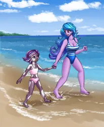 Size: 1800x2200 | Tagged: safe, artist:zachc, derpibooru import, izzy moonbow, violette rainbow, human, equestria girls, g5, barefoot, beach, clothes, commission, equestria girls-ified, feet, g4, holding hands, image, looking at each other, looking at someone, one-piece swimsuit, open mouth, open smile, png, smiling, swimsuit
