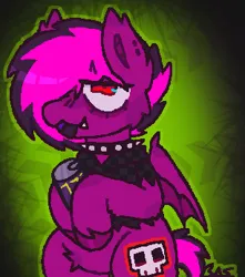 Size: 306x346 | Tagged: safe, artist:b4rkzal0t, derpibooru import, oc, oc:violet valium, unofficial characters only, bat pony, pony, undead, vampire, abstract background, can, choker, clothes, drink, ear piercing, energy drink, fangs, image, jacket, monster energy, nonbinary, piercing, png, pubic fluff, solo, spiked choker, unshorn fetlocks