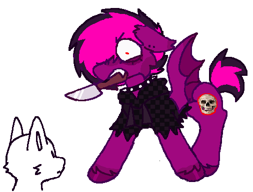 Size: 506x385 | Tagged: safe, artist:b4rkzal0t, derpibooru import, oc, oc:violet valium, unofficial characters only, bat pony, undead, vampire, choker, clothes, duo, ear piercing, furry, hair over one eye, image, jacket, knife, mouth hold, nonbinary, piercing, png, simple background, spiked choker, spread wings, unshorn fetlocks, white background, wings