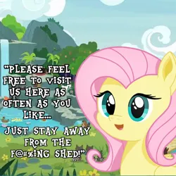 Size: 1986x1986 | Tagged: safe, derpibooru import, edit, edited screencap, screencap, fluttershy, beaver, pegasus, pony, raccoon, .mov, shed.mov, fluttershy leans in, animal sanctuary, censored, censored vulgarity, cloud, cute, digital art, female, flower, g4, grass, happy, highlights, image, looking at you, meme, morning, open mouth, png, shading, shyabetes, sky, solo, talking, talking to viewer, text, water, waterfall