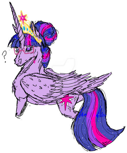 Size: 827x994 | Tagged: safe, artist:moondeer1616, derpibooru import, twilight sparkle, twilight sparkle (alicorn), alicorn, pony, deviantart watermark, doodle, element of magic, female, glasses, hair bun, image, jpeg, mare, obtrusive watermark, question mark, realistic, simple background, watermark, white background