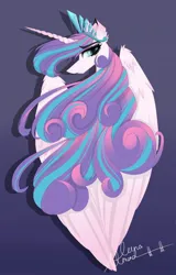 Size: 1168x1821 | Tagged: safe, artist:lunaalmond, derpibooru import, princess flurry heart, alicorn, pony, female, flowing mane, g4, gradient background, image, jpeg, large wings, long mane, looking at you, looking back, looking back at you, mare, older, older flurry heart, signature, smiling, smiling at you, solo, wings
