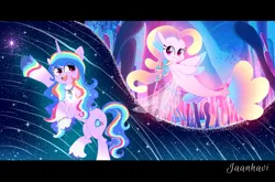 Size: 4178x2754 | Tagged: safe, artist:jaanhavi, derpibooru import, izzy moonbow, pony, seapony (g4), unicorn, g5, my little pony: tell your tale, spoiler:g5, spoiler:my little pony: tell your tale, spoiler:tyts02e00, destiny (g5), duo, duo female, female, high res, horn, image, izzy rainbow, letterboxing, mare, nova charm, png, the blockywockys