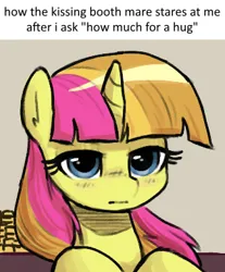 Size: 315x380 | Tagged: safe, artist:plunger, sweetcream scoops, pony, unicorn, female, image, kissing booth, lidded eyes, looking at you, mare, meme, png, ponified meme, solo