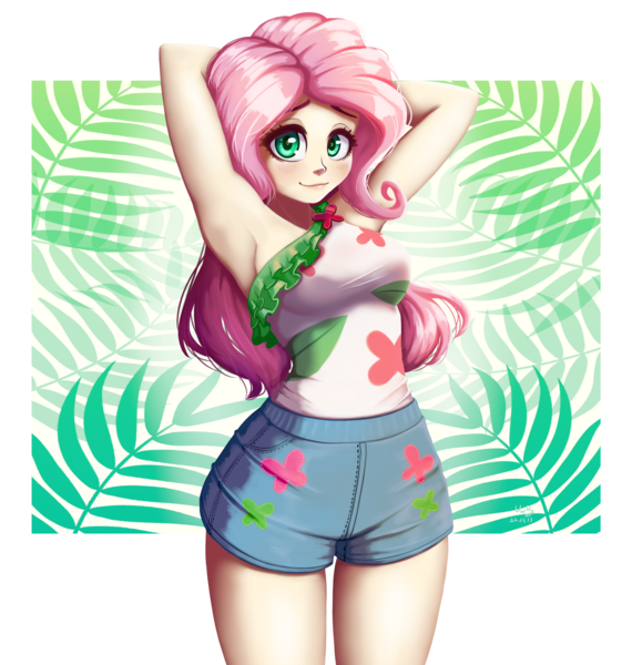 Size: 3334x3508 | Tagged: safe, artist:the-park, derpibooru import, fluttershy, human, equestria girls, arm behind head, equestria girls specials, female, g4, high res, image, my little pony equestria girls: spring breakdown, passepartout, png, smiling, solo