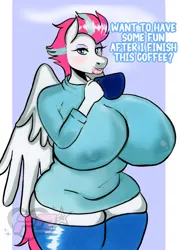 Size: 736x1026 | Tagged: suggestive, artist:pblewdthat, derpibooru import, zipp storm, anthro, pegasus, g5, bedroom eyes, big breasts, breasts, busty zipp storm, clothes, commission, digital art, erect nipples, female, huge breasts, image, jpeg, looking at you, mug, nipple outline, socks, solo, solo female, stockings, tail, thigh highs, thighs, wide hips