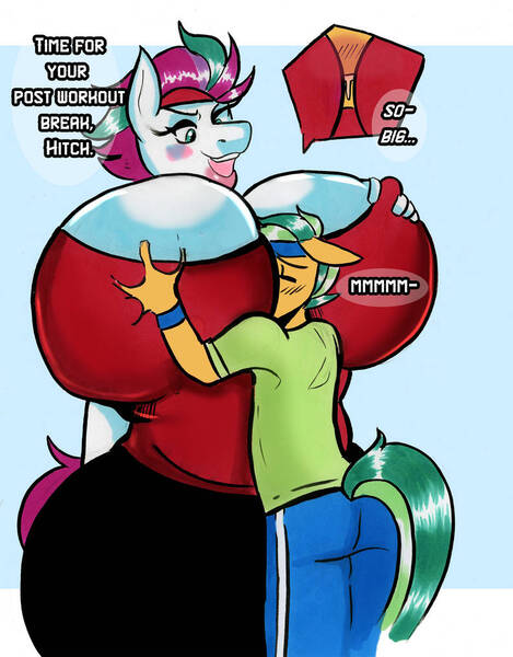Size: 791x1011 | Tagged: suggestive, artist:pblewdthat, derpibooru import, hitch trailblazer, zipp storm, anthro, earth pony, pegasus, g5, between breasts, big breasts, boob smothering, breasts, busty zipp storm, clothes, commission, digital art, duo, duo male and female, eyes closed, female, huge breasts, image, jpeg, male, pants, ship:stormblazer, shipping, simple background, smothering, straight, tail, thighs, wide hips
