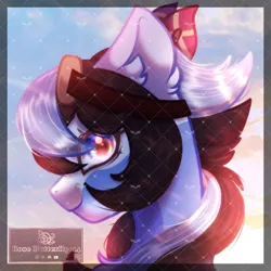 Size: 1000x1000 | Tagged: safe, artist:rosebutterfly014, derpibooru import, night glider, oc, unofficial characters only, pegasus, pony, accessory, amber (genshin impact), blue body, brown mane, cloud, female, fusion, g4, genshin impact, goggles, image, instagram, looking at you, mlp×genshin, my little pony, pegasus oc, png, red bow, side view, sky background, smiling, smiling at you, solo, solo female, sunlight, white mane, wings