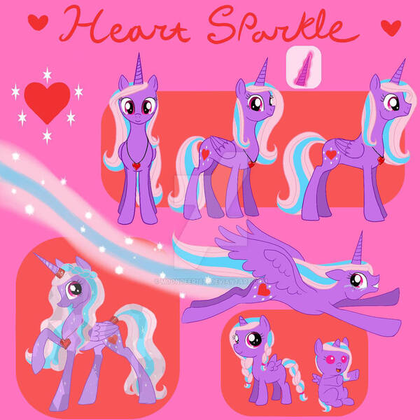 Size: 894x894 | Tagged: safe, artist:moondeer1616, derpibooru import, oc, oc:heart sparkle, unofficial characters only, alicorn, crystal pony, pony, crystallized, deviantart watermark, female, filly, flight trail, flying, foal, glow, glowing horn, heart necklace, horn, image, jewelry, jpeg, mare, necklace, obtrusive watermark, pink background, reference sheet, simple background, watermark