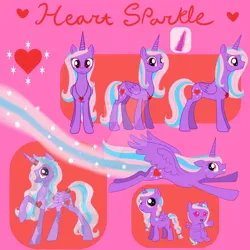 Size: 894x894 | Tagged: safe, artist:moondeer1616, derpibooru import, oc, oc:heart sparkle, unofficial characters only, alicorn, crystal pony, pony, crystallized, deviantart watermark, female, filly, flight trail, flying, foal, glow, glowing horn, heart necklace, horn, image, jewelry, jpeg, mare, necklace, obtrusive watermark, pink background, reference sheet, simple background, watermark