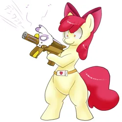 Size: 1000x1000 | Tagged: safe, artist:kushina13, derpibooru import, apple bloom, gilda, earth pony, pony, belt, bipedal, custom, female, filly, foal, gun, gunified, hoof hold, image, inanimate tf, png, simple background, solo, transformation, weapon, white background