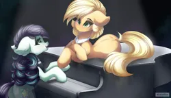 Size: 7000x4000 | Tagged: safe, artist:natanvok, derpibooru import, applejack, coloratura, earth pony, pony, absurd resolution, duo, duo female, ear fluff, female, g4, image, looking at someone, lying down, mare, musical instrument, open mouth, open smile, piano, png, prone, smiling, tail