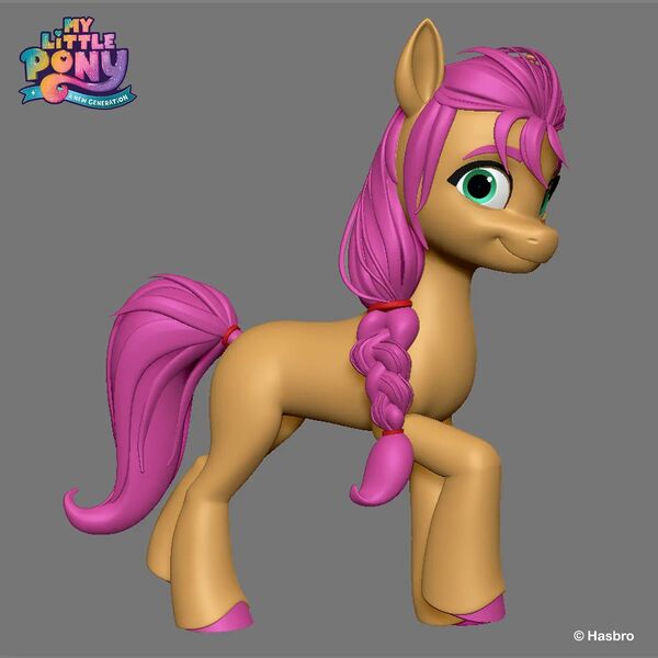 Size: 1440x1440 | Tagged: safe, artist:borja l-galiano, derpibooru import, official, sunny starscout, earth pony, pony, g5, my little pony: a new generation, 3d, braid, braided ponytail, concave belly, concept art, eyebrows, eyelashes, female, gray background, hooves, image, jpeg, logo, looking at you, looking sideways, mare, missing cutie mark, ponytail, quadrupedal, raised hoof, raised leg, scrunchie, simple background, slender, slim, smiling, smiling at you, solo, standing, standing on two hooves, thin, unshorn fetlocks