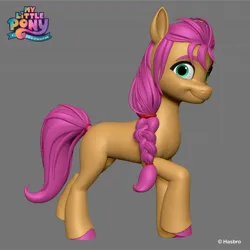 Size: 1440x1440 | Tagged: safe, artist:borja l-galiano, derpibooru import, official, sunny starscout, earth pony, pony, g5, my little pony: a new generation, 3d, braid, braided ponytail, concave belly, concept art, eyebrows, eyelashes, female, gray background, hooves, image, jpeg, logo, looking at you, looking sideways, mare, missing cutie mark, ponytail, quadrupedal, raised hoof, raised leg, scrunchie, simple background, slender, slim, smiling, smiling at you, solo, standing, standing on two hooves, thin, unshorn fetlocks