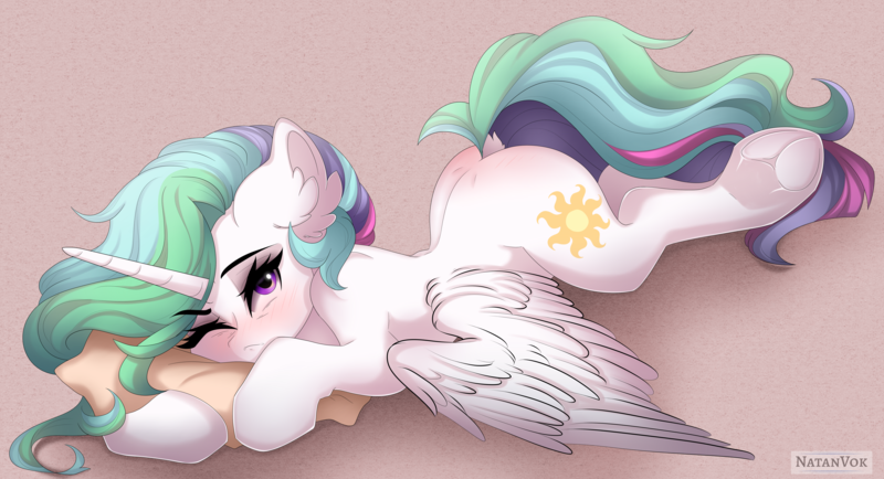 Size: 7000x3800 | Tagged: safe, artist:natanvok, derpibooru import, princess celestia, alicorn, pony, absurd resolution, blushing, cute, cutelestia, dock, ear fluff, eyebrows, eyebrows visible through hair, female, frog (hoof), g4, horn, image, looking at you, lying down, mare, one eye closed, pillow, png, prone, solo, sploot, tail, underhoof, wings