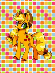 Size: 1200x1600 | Tagged: safe, artist:stacy_165cut, derpibooru import, applejack, earth pony, pony, abstract background, applejack's hat, colored hooves, cowboy hat, female, full body, g4, hairband, hat, image, jpeg, looking at you, mare, raised hoof, smiling, smiling at you, solo