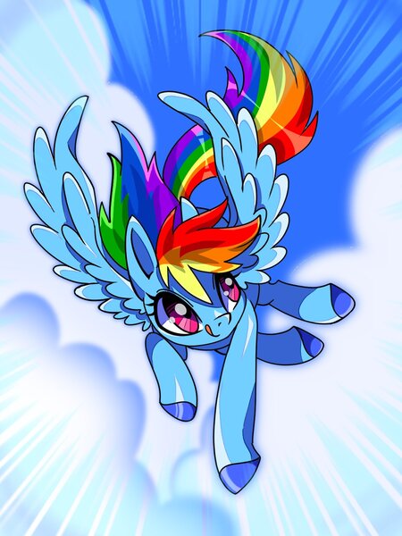 Size: 1200x1600 | Tagged: safe, artist:stacy_165cut, derpibooru import, rainbow dash, pegasus, pony, :p, cloud, colored hooves, female, flying, g4, image, jpeg, mare, sky, solo, speed lines, spread wings, tail, tongue out, wind, windswept mane, windswept tail, wings